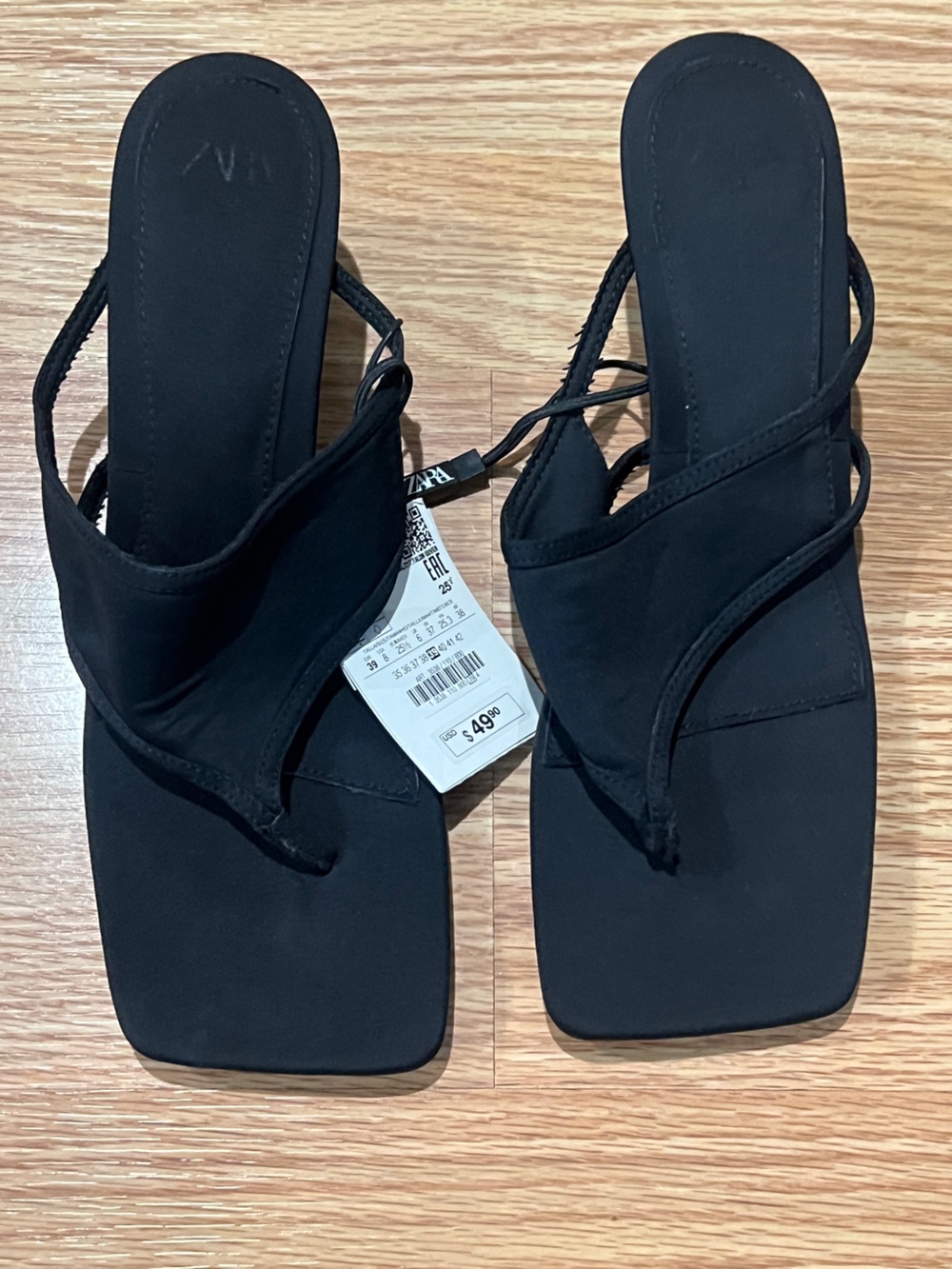 Zara Black Square-Toe Heeled Flip Flop Sandals